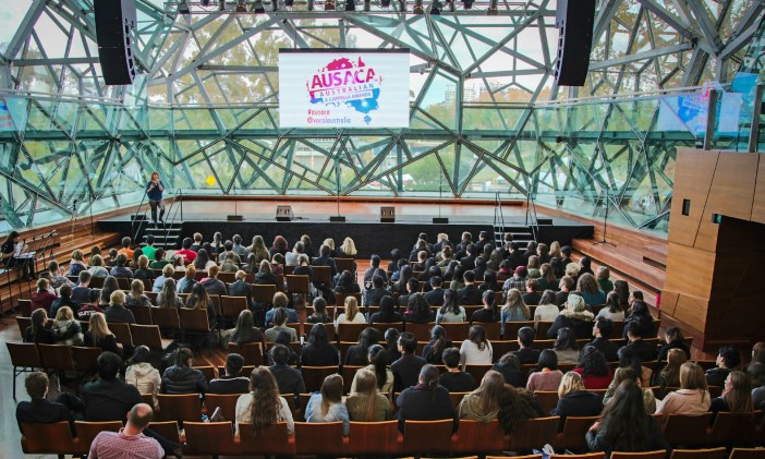 Crowd at AusAca at Deakin Edge at Federation Square, Melbourne. Pre performance movement masterclass with Zerafina. 
